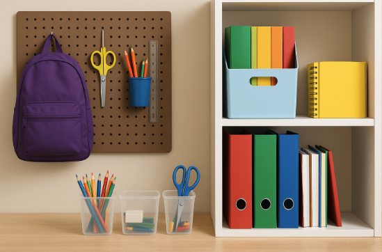 Fournitures scolaires sur une étagère